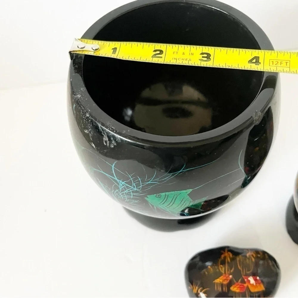 Black Lacquer Footed Wooden Bowl Boat Koi Iridescent Blue Paperweight Vietnam 3x